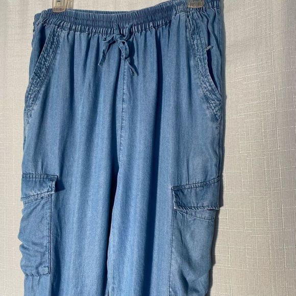 New (NWOT) Love tree Blue denim Chambray Cargo joggers Pockets Sz Large Tencil - Picture 3 of 9